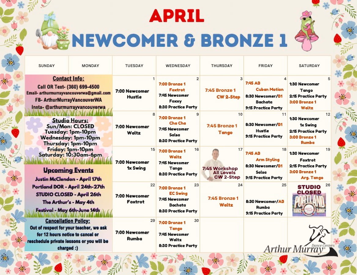 Arthur Murray Vancouver Beginner Group Class Calendar