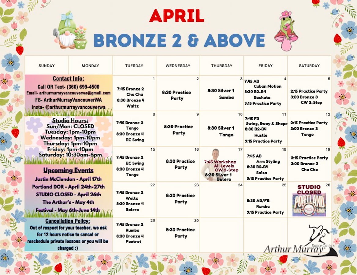 Arthur Murray Vancouver Advanced Group Class Calendar